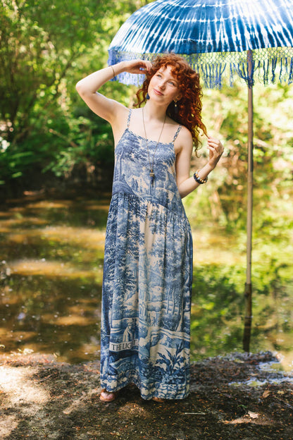 Let The Light In Bohéme Long Maxi Slip Dress w Delft Print - ivyandlavyboutique Market of Stars