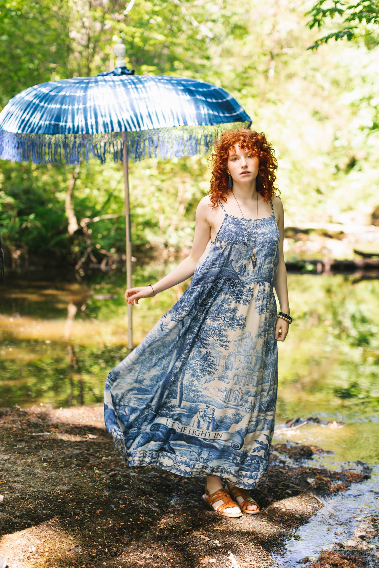 Let The Light In Bohéme Long Maxi Slip Dress w Delft Print - ivyandlavyboutique Market of Stars