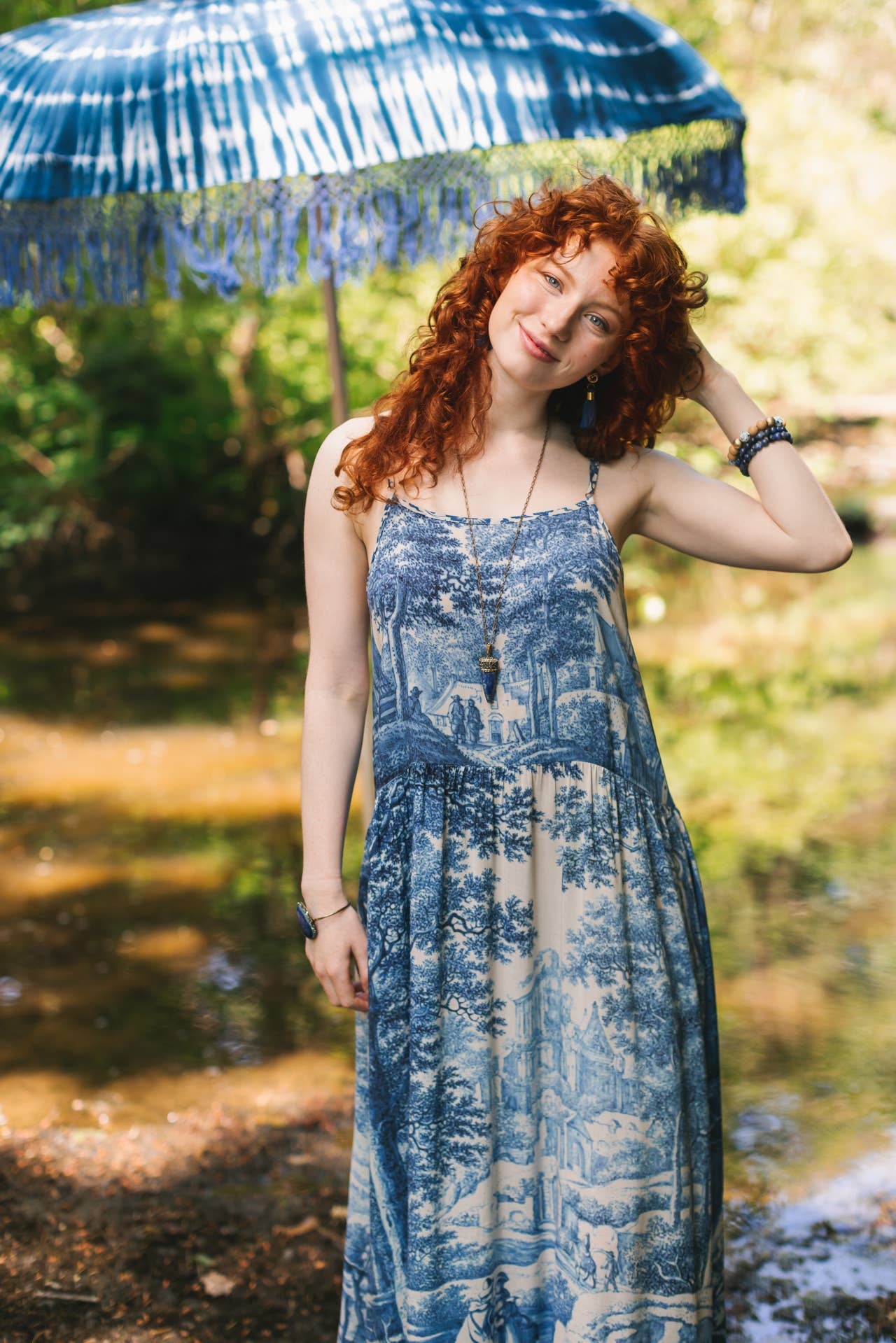 Let The Light In Bohéme Long Maxi Slip Dress w Delft Print - ivyandlavyboutique Market of Stars