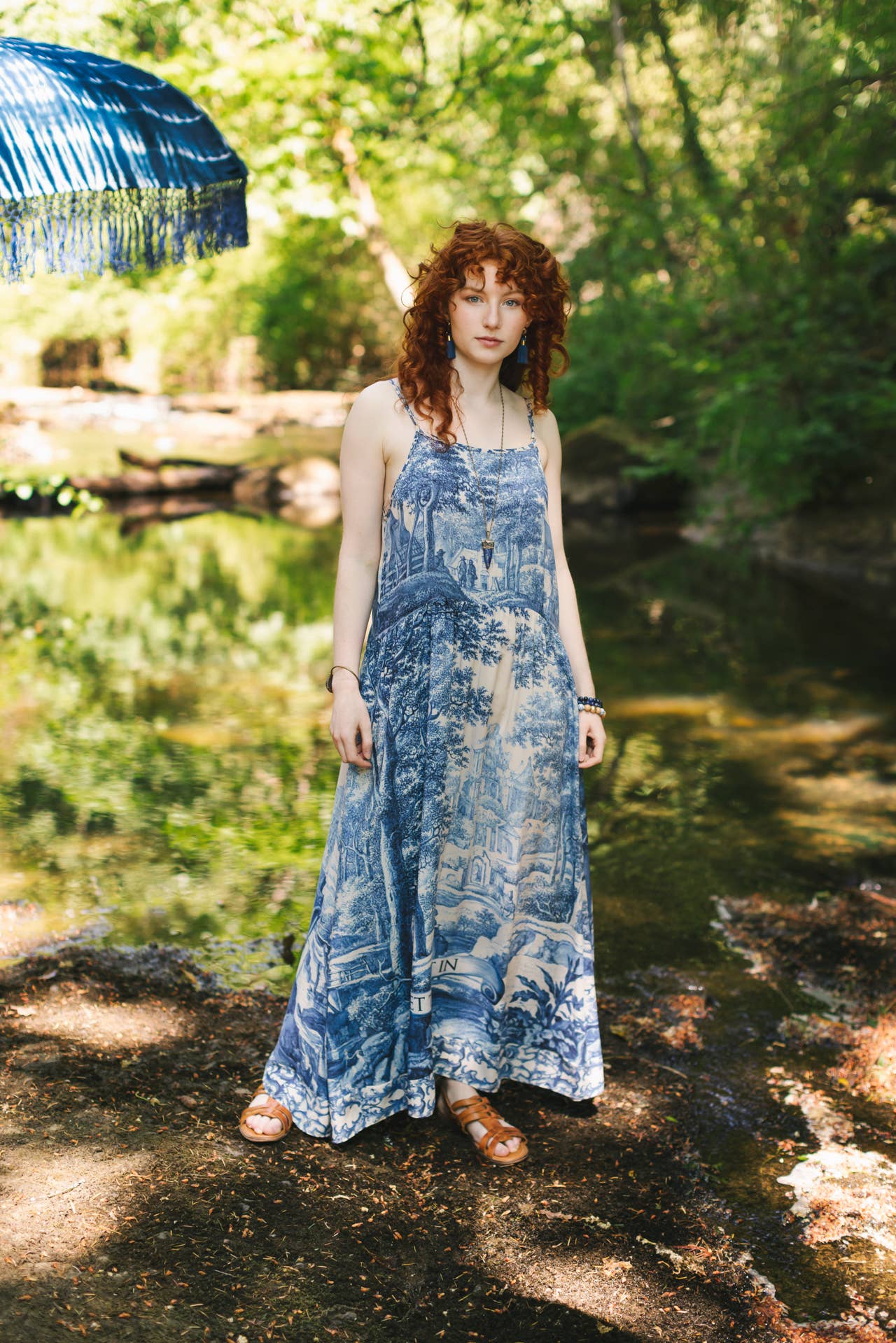 Let The Light In Bohéme Long Maxi Slip Dress w Delft Print - ivyandlavyboutique Market of Stars