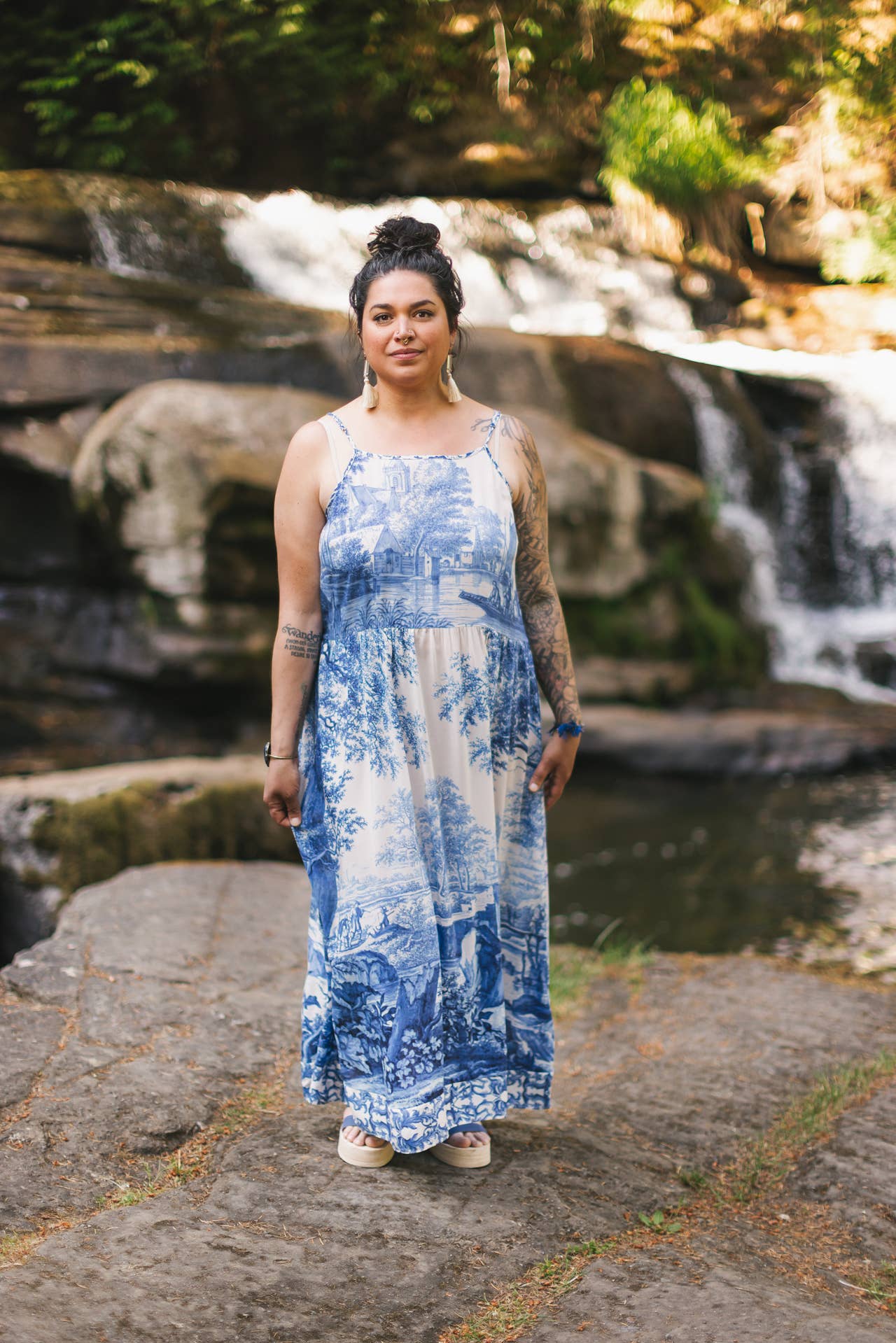 Let The Light In Bohéme Long Maxi Slip Dress w Delft Print - ivyandlavyboutique Market of Stars