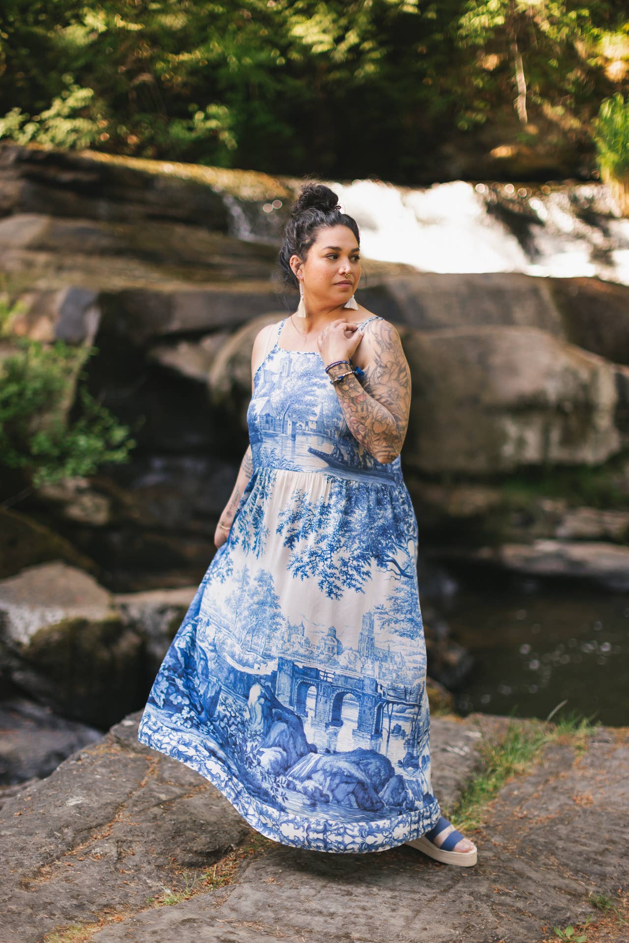 Let The Light In Bohéme Long Maxi Slip Dress w Delft Print - ivyandlavyboutique Market of Stars