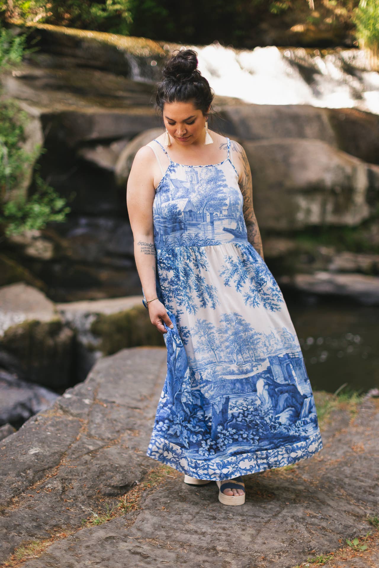Let The Light In Bohéme Long Maxi Slip Dress w Delft Print - ivyandlavyboutique Market of Stars