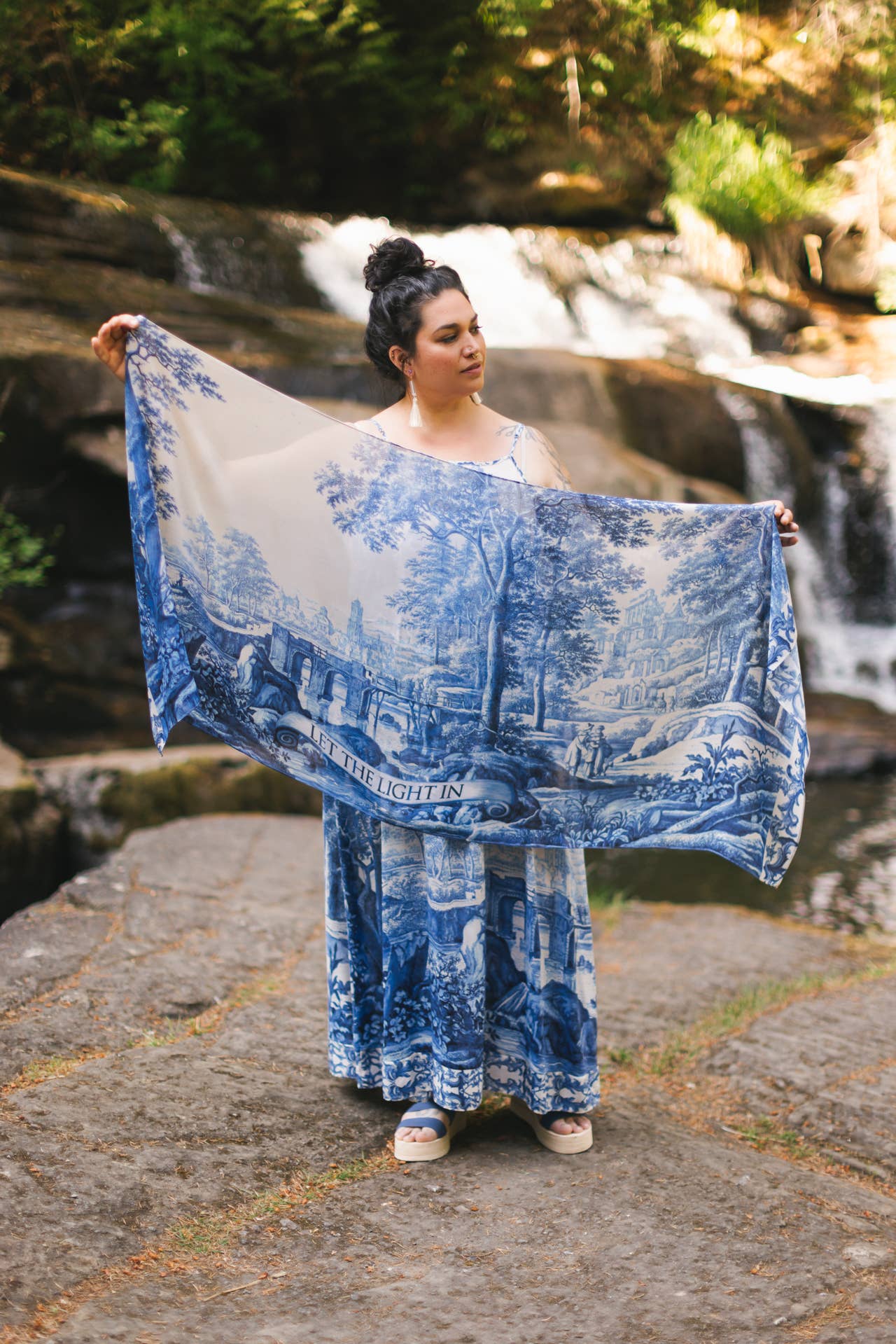 Let The Light In Bohemian Scarf w/ Blue Delft Toile Print - ivyandlavyboutique Market of Stars