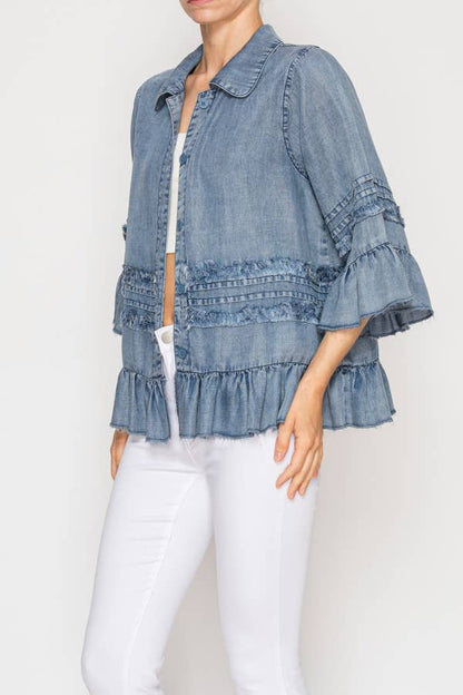 Lightweight Chambray Ruffle Detailed Jacket - ivyandlavyboutique Origami Apparel ~ Lace and Crochet inspired
