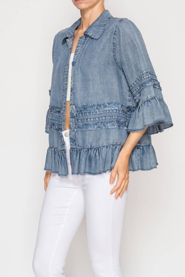 Lightweight Chambray Ruffle Detailed Jacket - ivyandlavyboutique Origami Apparel ~ Lace and Crochet inspired