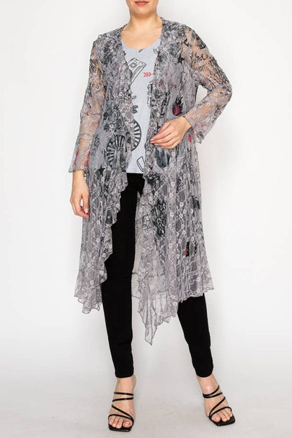 Lightweight Floral Lace Ruffle Duster With Sparkles - ivyandlavyboutique Origami Apparel ~ Lace and Crochet inspired