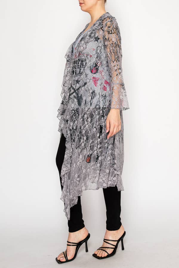 Lightweight Floral Lace Ruffle Duster With Sparkles - ivyandlavyboutique Origami Apparel ~ Lace and Crochet inspired