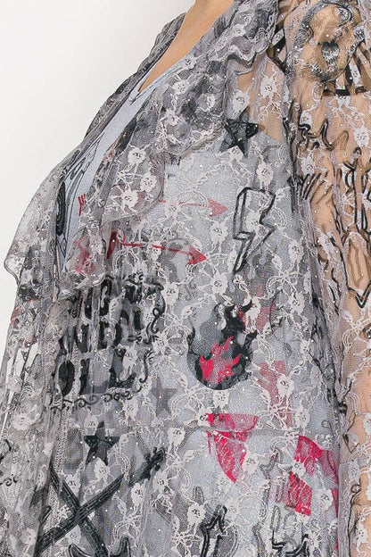 Lightweight Floral Lace Ruffle Duster With Sparkles - ivyandlavyboutique Origami Apparel ~ Lace and Crochet inspired