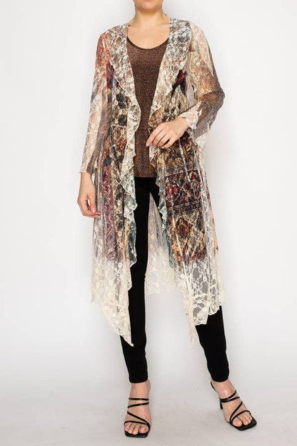Lightweight Floral Lace Ruffle Duster With Sparkles VINTAGE BIRD - ivyandlavyboutique Origami Apparel ~ Lace and Crochet inspired