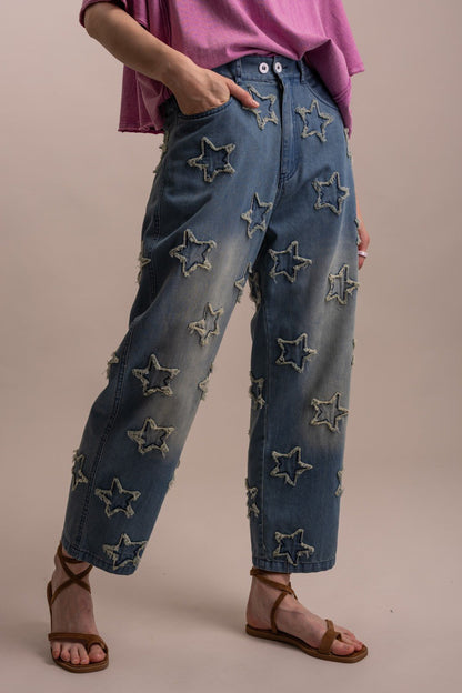 Little Star Patchwork Denim Pants - Boho Wanderlust Boutique Blue Velvet