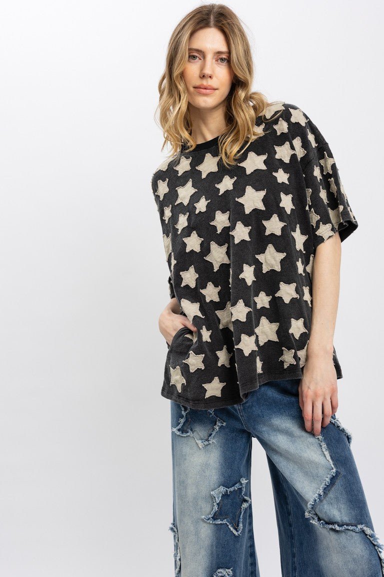 Little Star Patchwork Round Neck Top - ivyandlavyboutique ivyandlavyboutique