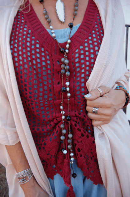 Long Freshwater Pearl & Gemstone Silk Lariat Necklace - ivyandlavyboutique Spirit Lala