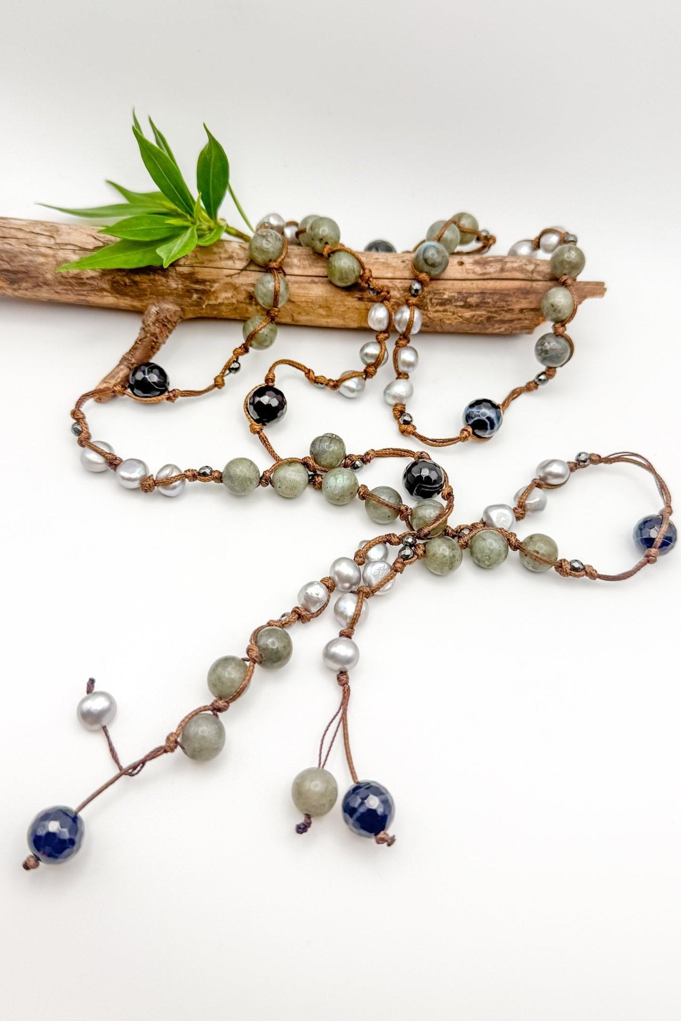 Long Freshwater Pearl & Gemstone Silk Lariat Necklace - ivyandlavyboutique Spirit Lala