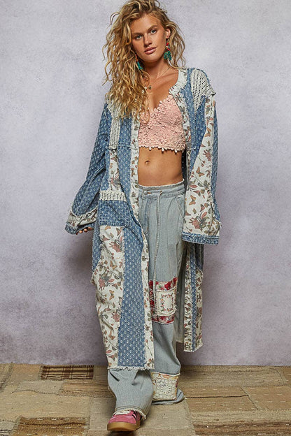 Long sleeve crochet contrast denim maxi length open cardigan - ivyandlavyboutique Pol Clothing
