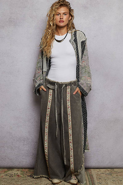 Long sleeve crochet contrast denim maxi length open cardigan - ivyandlavyboutique Pol Clothing