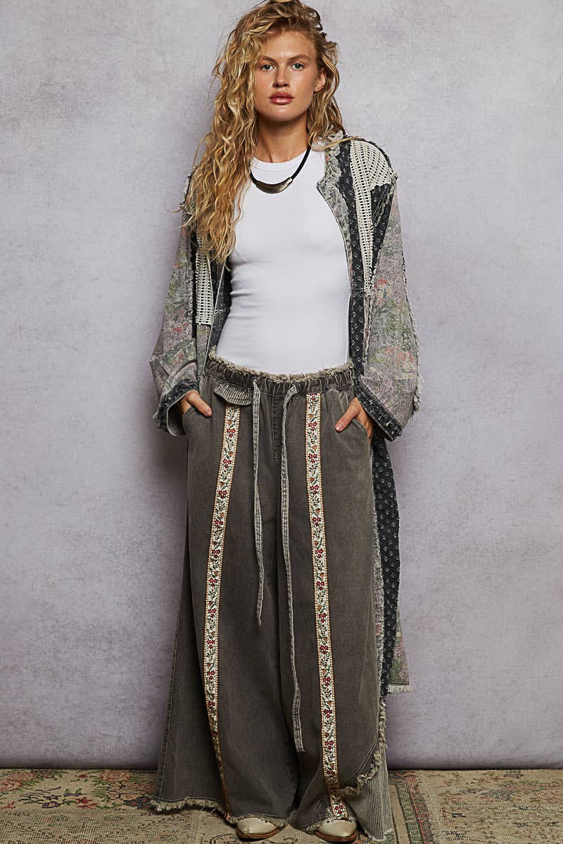 Long sleeve crochet contrast denim maxi length open cardigan - ivyandlavyboutique Pol Clothing