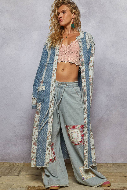 Long sleeve crochet contrast denim maxi length open cardigan - ivyandlavyboutique Pol Clothing