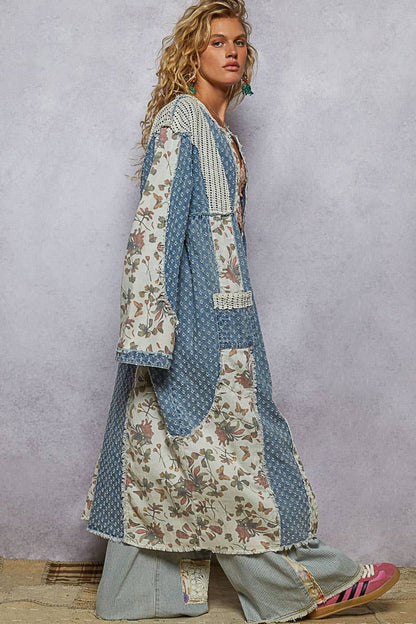 Long sleeve crochet contrast denim maxi length open cardigan - ivyandlavyboutique Pol Clothing