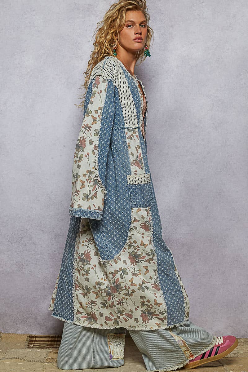 Long sleeve crochet contrast denim maxi length open cardigan - ivyandlavyboutique Pol Clothing