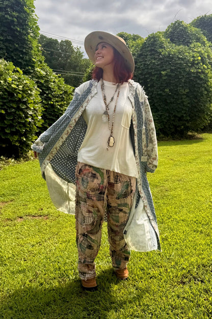 Long sleeve crochet contrast denim maxi length open cardigan - ivyandlavyboutique Pol Clothing