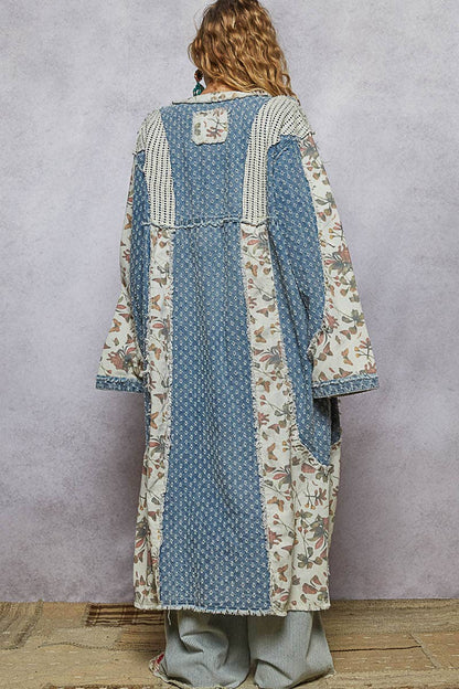 Long sleeve crochet contrast denim maxi length open cardigan - ivyandlavyboutique Pol Clothing