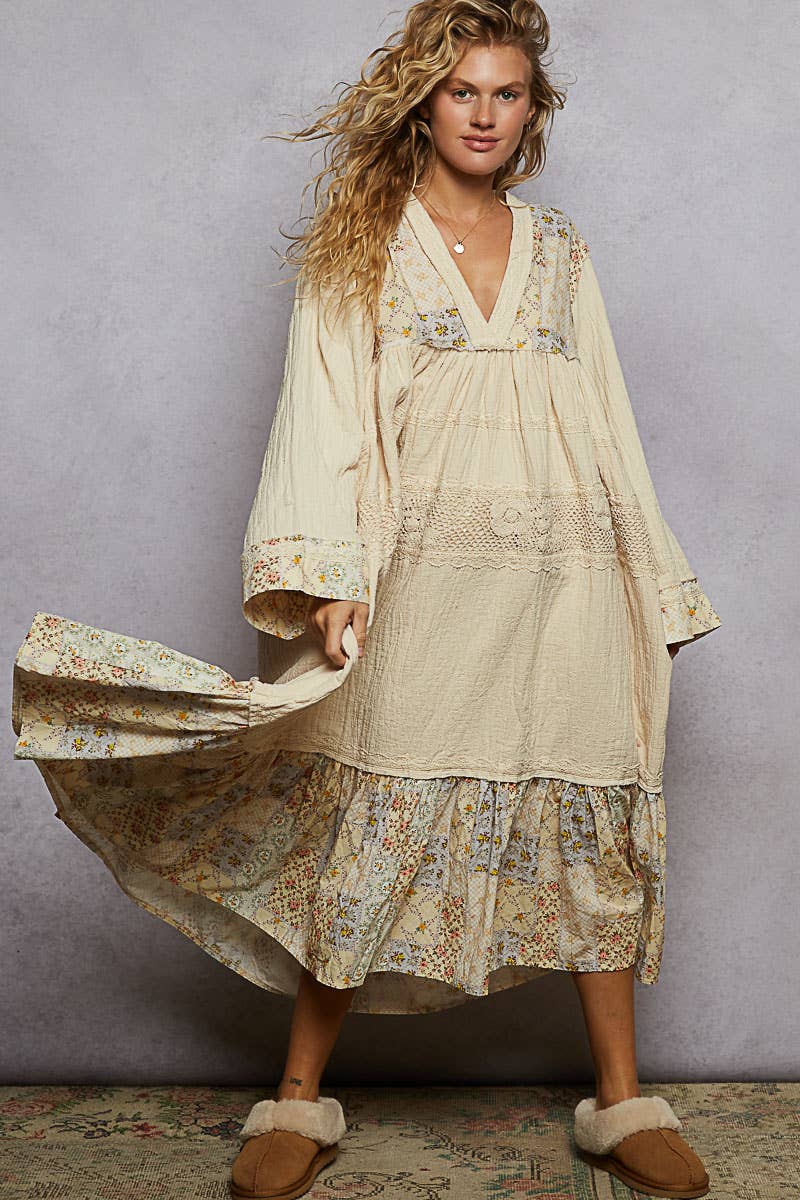 Long sleeve double gauze crochet spangle trim woven dress: NATURAL - ivyandlavyboutique Pol Clothing