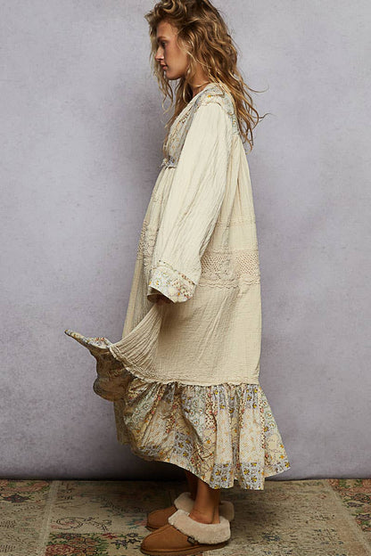 Long sleeve double gauze crochet spangle trim woven dress: NATURAL - ivyandlavyboutique Pol Clothing