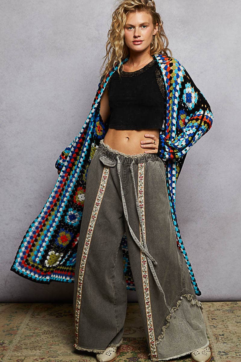 Long sleeve various colors crochet cardigan: BLACK MULTI / Os - ivyandlavyboutique Pol Clothing