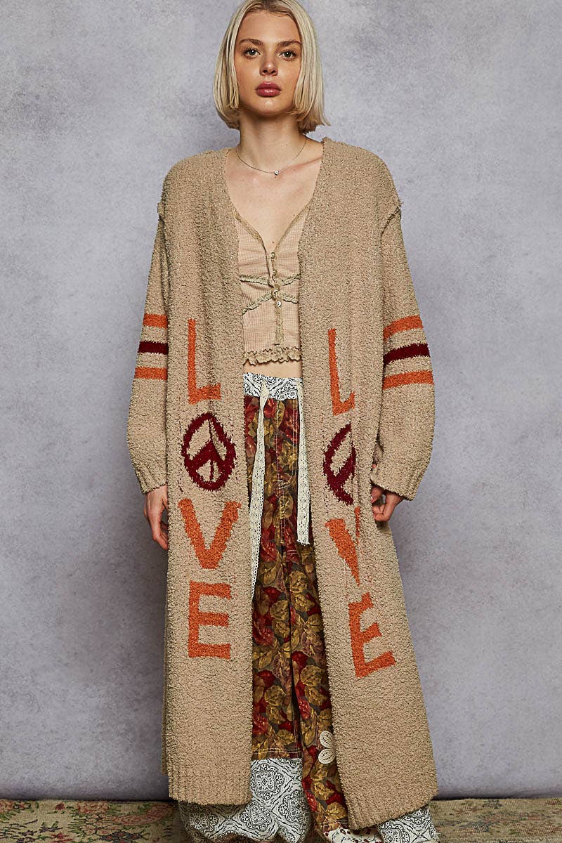 LOVE letter printed peace solid Berber sweater cardigan - ivyandlavyboutique Pol Clothing