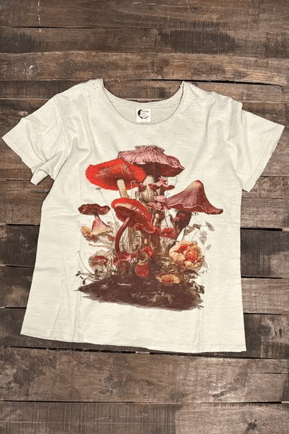 Lovely Mushroom - Moon Dance Distressed Cotton Tee Top - ivyandlavyboutique Jaded Gypsy