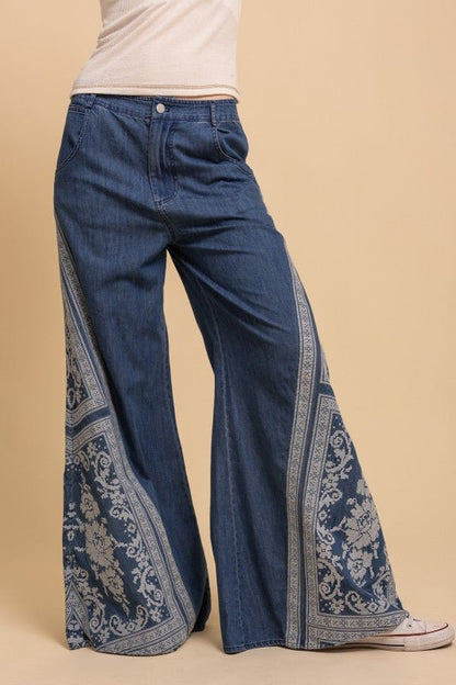 Mega Flare Cross Stitched embroidered Wide Leg Denim Pant - ivyandlavyboutique Blue Velvet