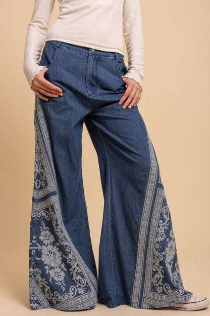 Mega Flare Cross Stitched embroidered Wide Leg Denim Pant - ivyandlavyboutique Blue Velvet