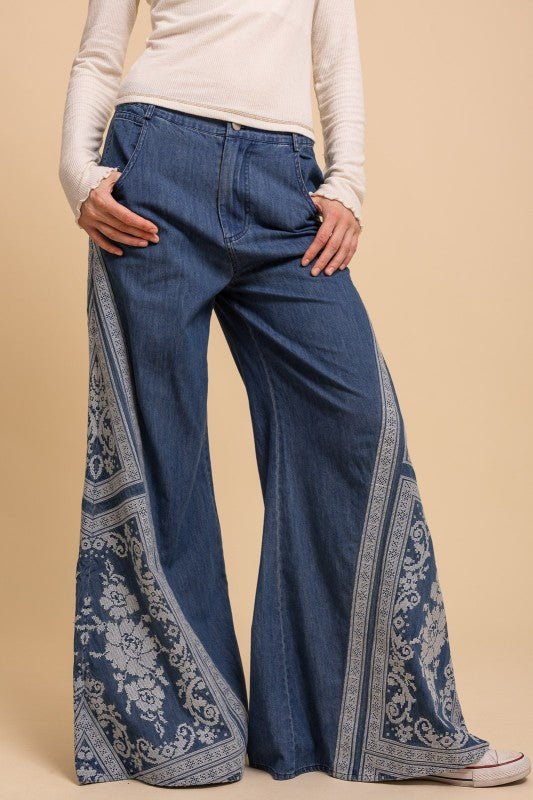 Mega Flare Cross Stitched embroidered Wide Leg Denim Pant - ivyandlavyboutique Blue Velvet