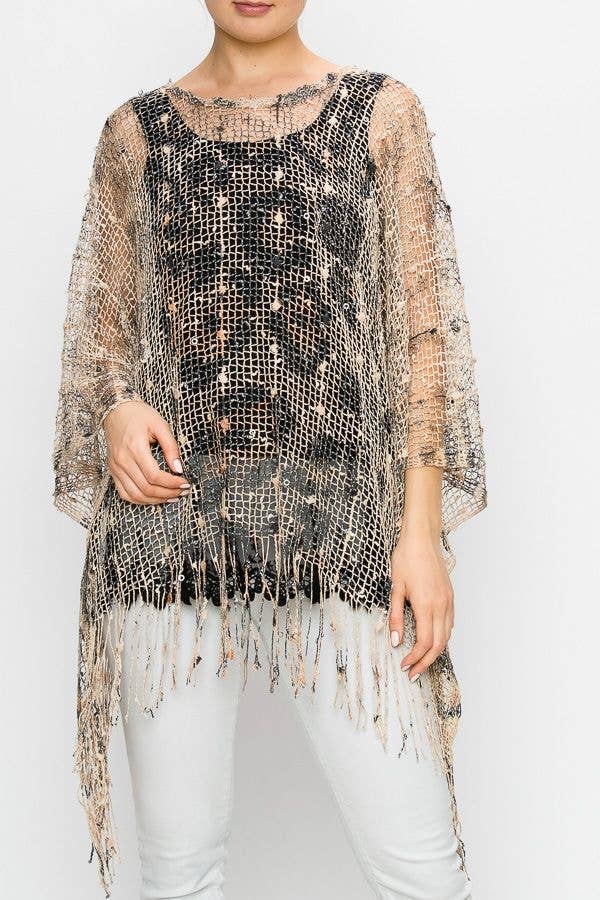 MESH WITH SEQUIN PONCHO TOP - ivyandlavyboutique Origami Apparel ~ Lace and Crochet inspired