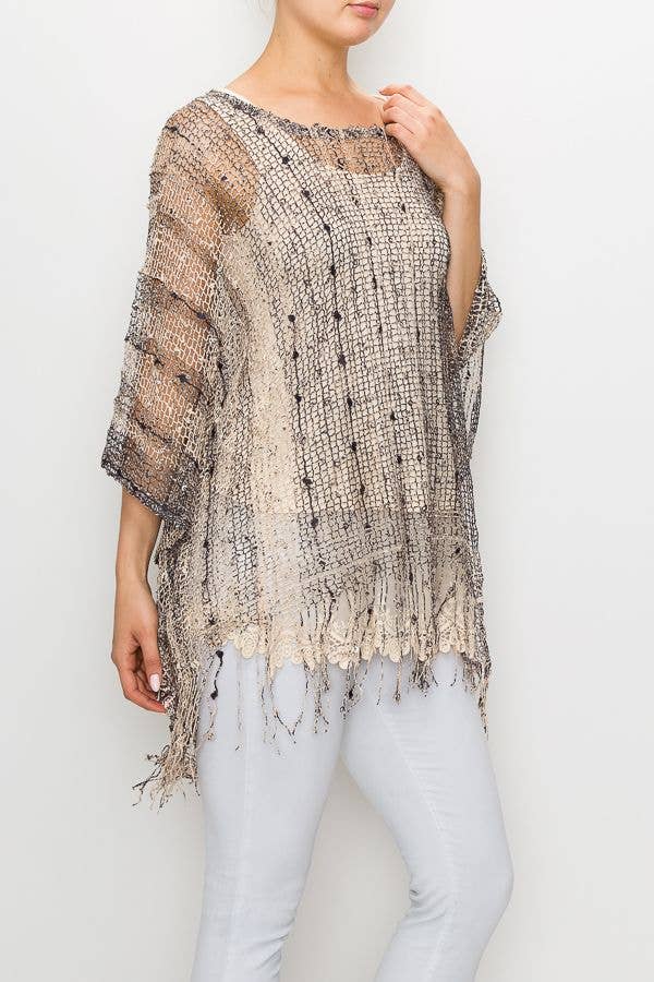 MESH WITH SEQUIN PONCHO TOP - PT Brown - ivyandlavyboutique Origami Apparel ~ Lace and Crochet inspired