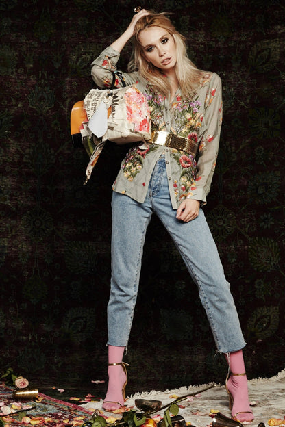 Mia Grace Shirt: Light Olive Floral - ivyandlavyboutique Aratta