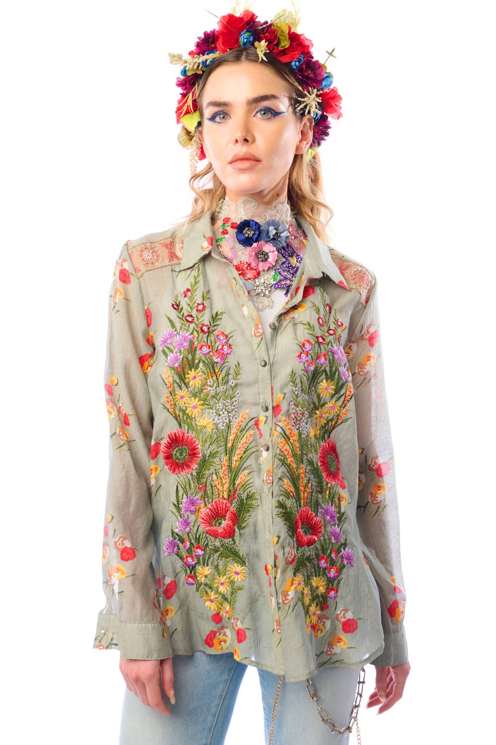 Mia Grace Shirt: Light Olive Floral - ivyandlavyboutique Aratta