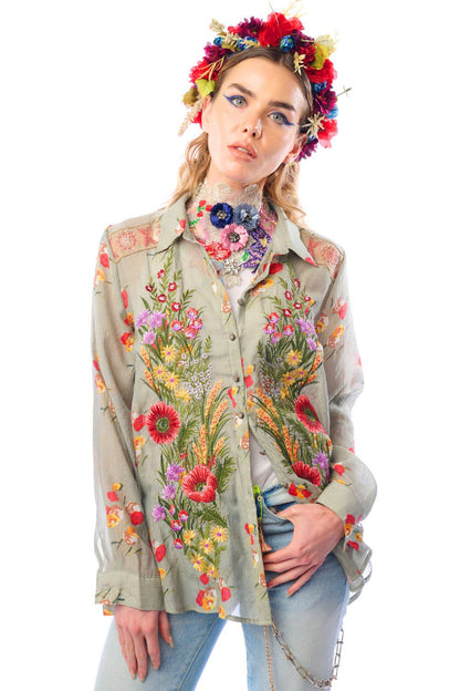 Mia Grace Shirt: Light Olive Floral - ivyandlavyboutique Aratta