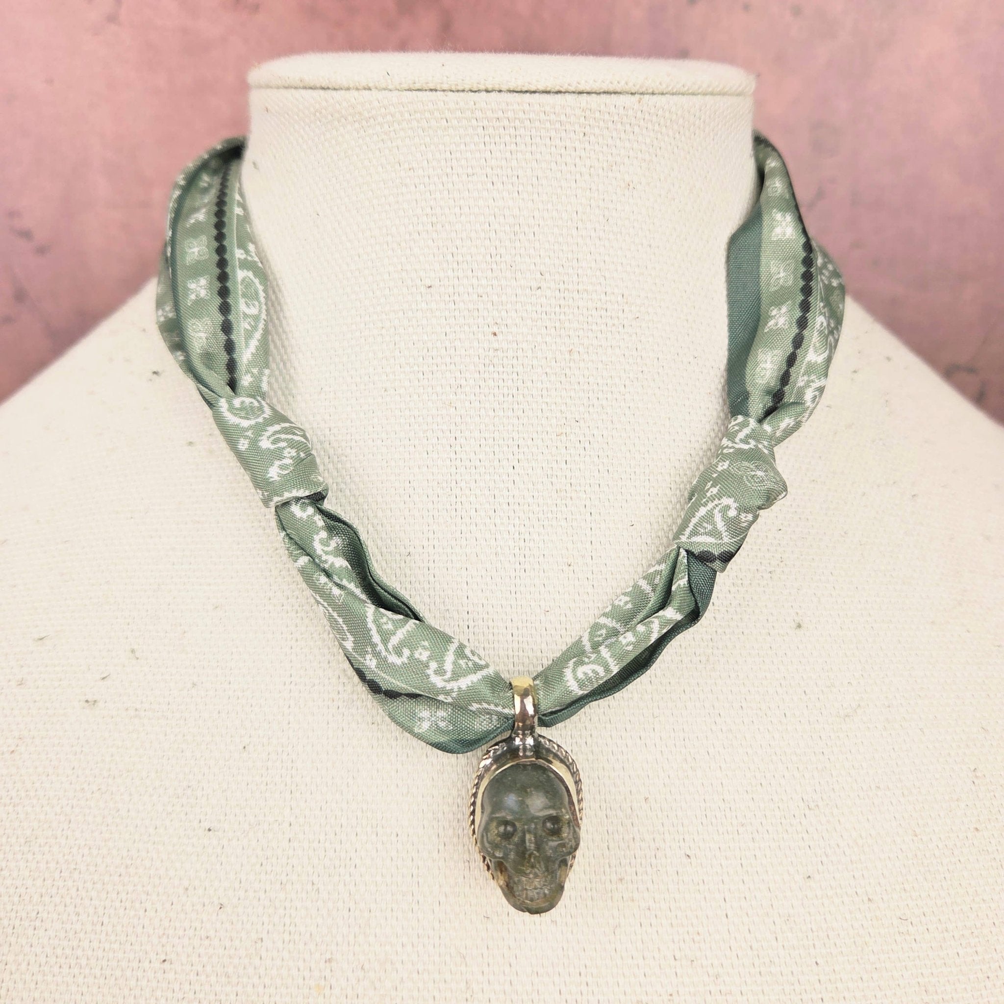 Mini Labradorite Skull Tibetan Pendant Ribbon Necklace - ivyandlavyboutique ZINC Designs