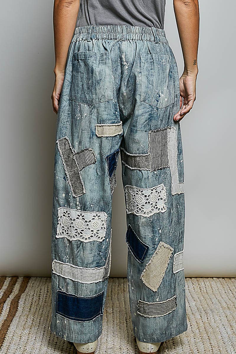 Mis Match Vintage Washed Mixed Patchwork Wide Leg Artisan Pants - ivyandlavyboutique Pol Clothing
