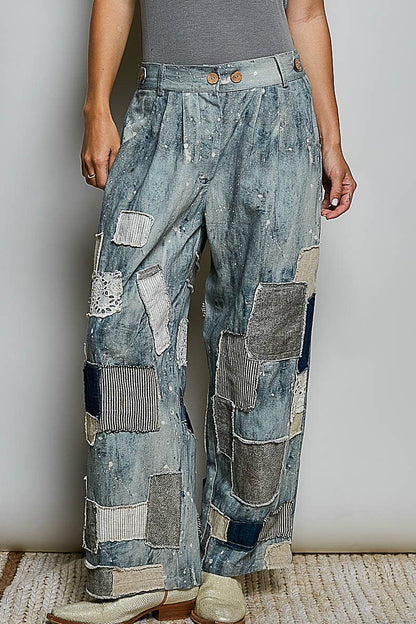 Mis Match Vintage Washed Mixed Patchwork Wide Leg Artisan Pants - ivyandlavyboutique Pol Clothing