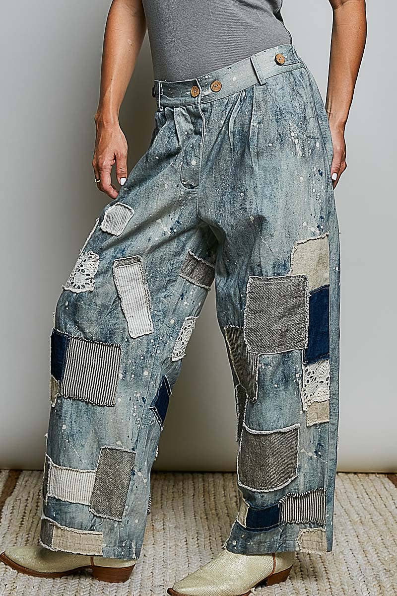Mis Match Vintage Washed Mixed Patchwork Wide Leg Artisan Pants - ivyandlavyboutique Pol Clothing