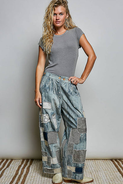 Mis Match Vintage Washed Mixed Patchwork Wide Leg Artisan Pants - ivyandlavyboutique Pol Clothing