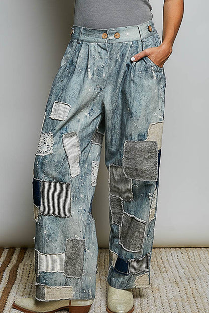 Mis Match Vintage Washed Mixed Patchwork Wide Leg Artisan Pants - ivyandlavyboutique Pol Clothing