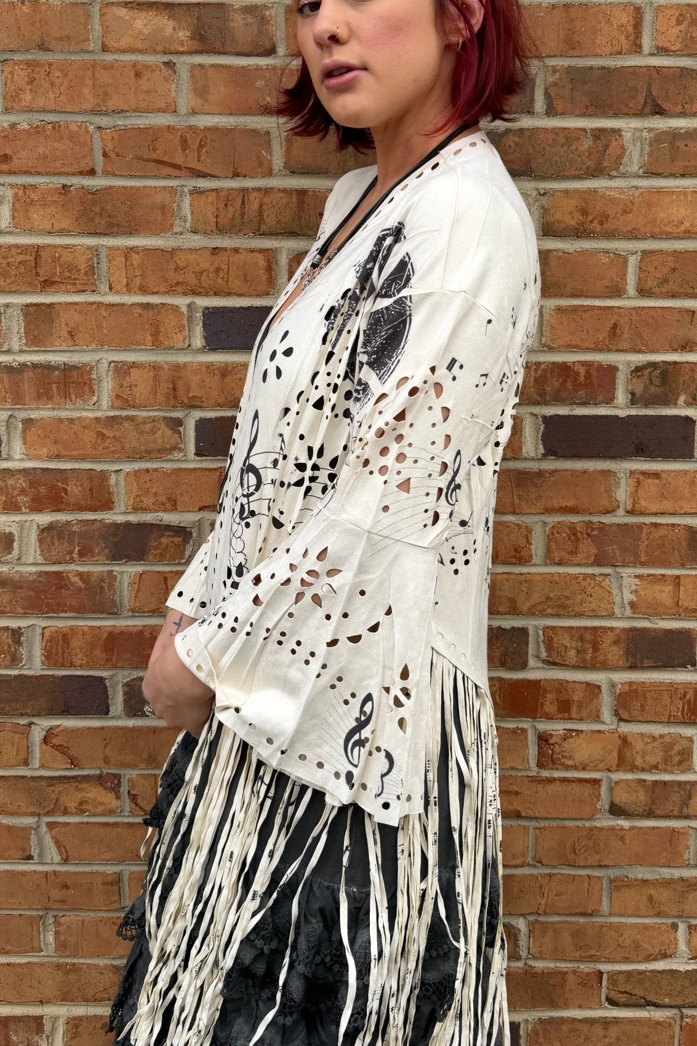 Music to my Heart Laser - Cut Buttery Faux Suede With Fringe Trim - ivyandlavyboutique Origami Apparel ~ Lace and Crochet inspired