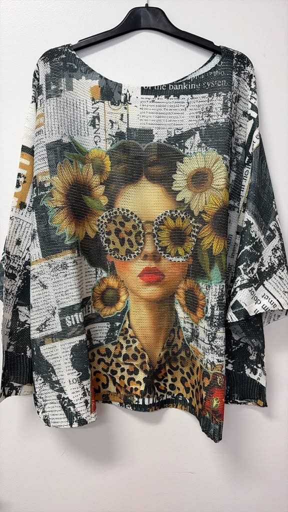 Newsprint Sunflower Girl Print Knit Sweater - ivyandlavyboutique LOOWIE