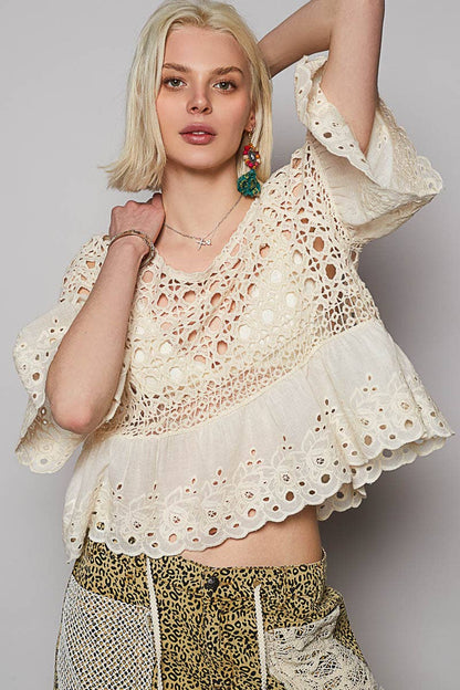 Nikki Round neck short sleeve floral eyelet crochet top - ivyandlavyboutique Pol Clothing