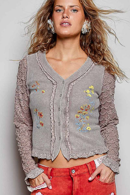 Not So Simple Vintage Wash Thermal Lace Sleeve V-Neck Button Slim Top - ivyandlavyboutique Pol Clothing