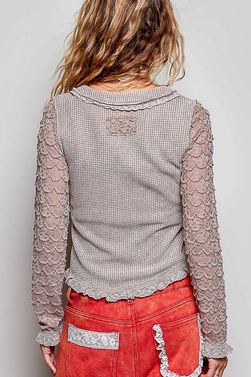 Not So Simple Vintage Wash Thermal Lace Sleeve V-Neck Button Slim Top - ivyandlavyboutique Pol Clothing